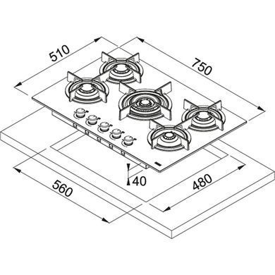 Газовая варочная поверхность Franke Сrystal FHCR 755 4G TC HE BK C (106.0374.283) Черное стекло, 5 конфорок